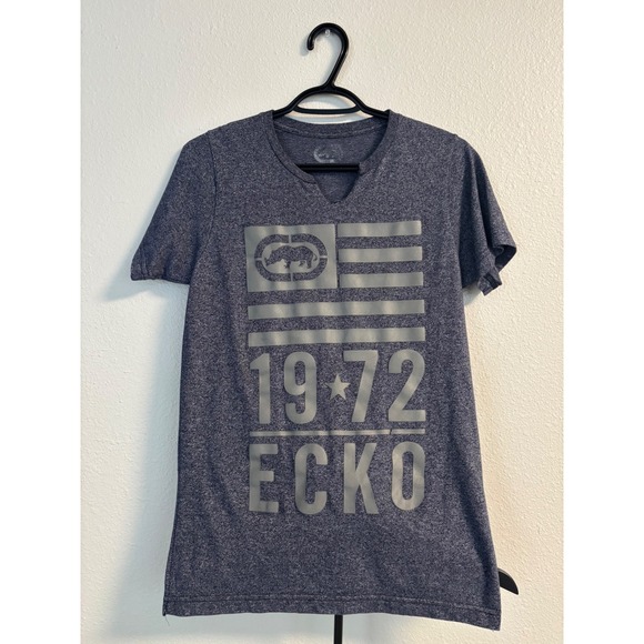 Ecko Unltd Tops - Ecko Unltd Womens Graphic T-Shirt Navy Blue Heathered V-Neck Rhino Logo Size S